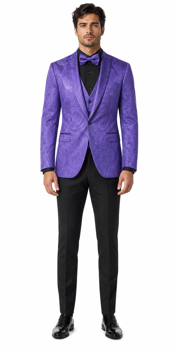 Mens Purple Paisley Tuxedo Suit - 3 Piece Formal Set with Vest and Bow Tie