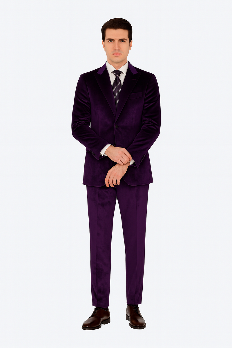 Tazzio slim fit tuxedo. Purple velvet fabric. Jacket: notch lapel, single-button closure. Tailored trousers. A stylish two-piece formal wear option.

