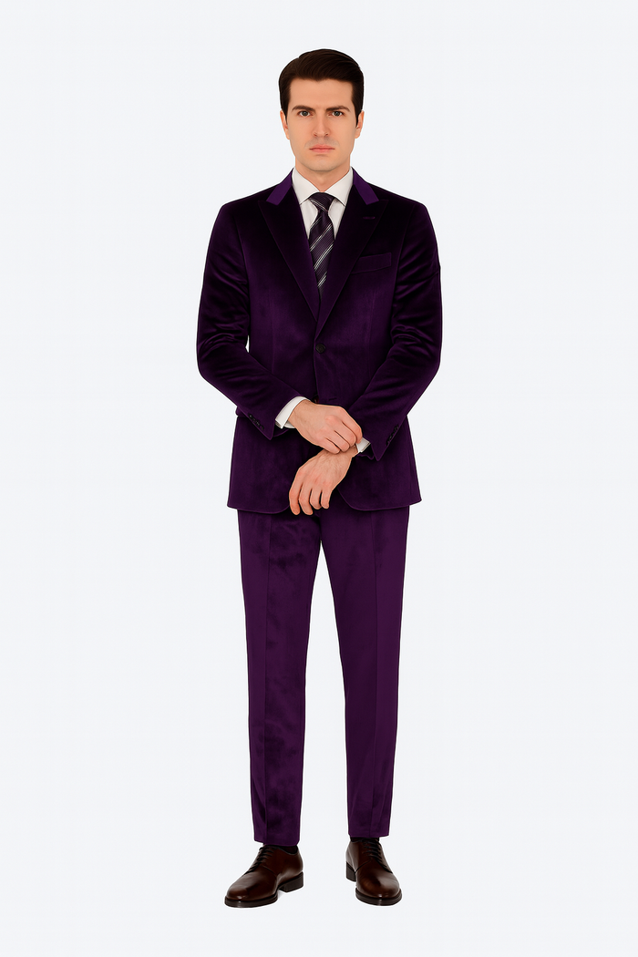 Tazzio slim fit tuxedo. Purple velvet fabric. Jacket: notch lapel, single-button closure. Tailored trousers. A stylish two-piece formal wear option.
