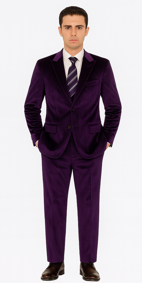 Purple velvet two-piece suit. Slim-fit tuxedo style with a notched lapel blazer and front pockets. Straight-leg tailored pants. Perfect formalwear.
