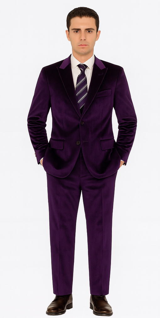 Purple velvet two-piece suit. Slim-fit tuxedo style with a notched lapel blazer and front pockets. Straight-leg tailored pants. Perfect formalwear.
