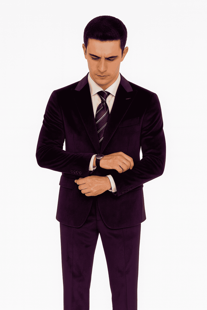 Purple velvet slim-fit tuxedo: two-piece suit with a tailored jacket (notched lapel, single-button) and straight-cut trousers. Features rich, deep purple velvet with a soft sheen.
