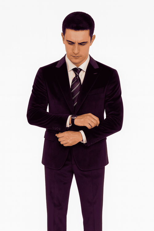 Purple Velvet Suit for Men – Tazzio 2-Piece Slim Fit Tuxedo Style Formalwear