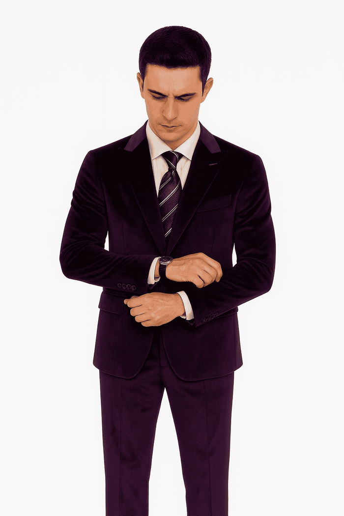 Purple velvet slim-fit tuxedo: two-piece suit with a tailored jacket (notched lapel, single-button) and straight-cut trousers. Features rich, deep purple velvet with a soft sheen.
