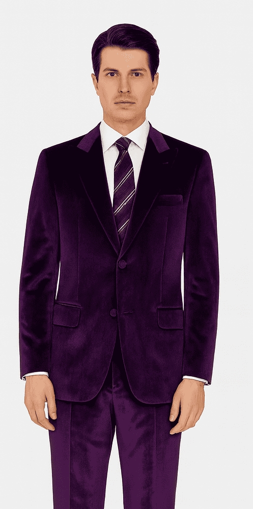 Purple velvet slim-fit suit. Two-piece set: jacket with notch lapels, front pockets, and matching trousers. Soft, plush fabric in a rich purple, ideal for formal occasions.
