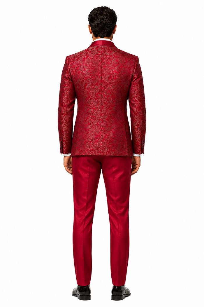 Mens Red Paisley Brocade Prom Tuxedo with Vested Double Breasted Suit - Wedding Ready