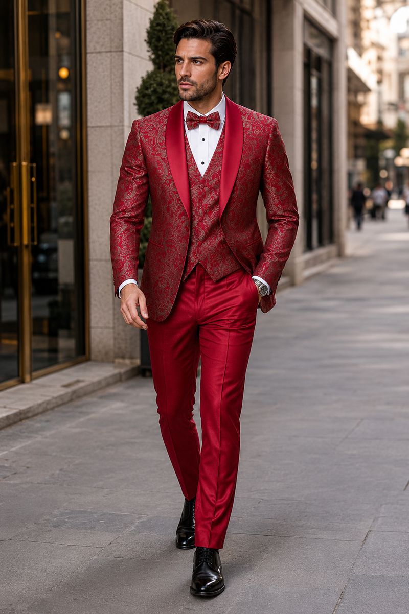 Mens Red Paisley Brocade Prom Tuxedo with Vested Double Breasted Suit - Wedding Ready