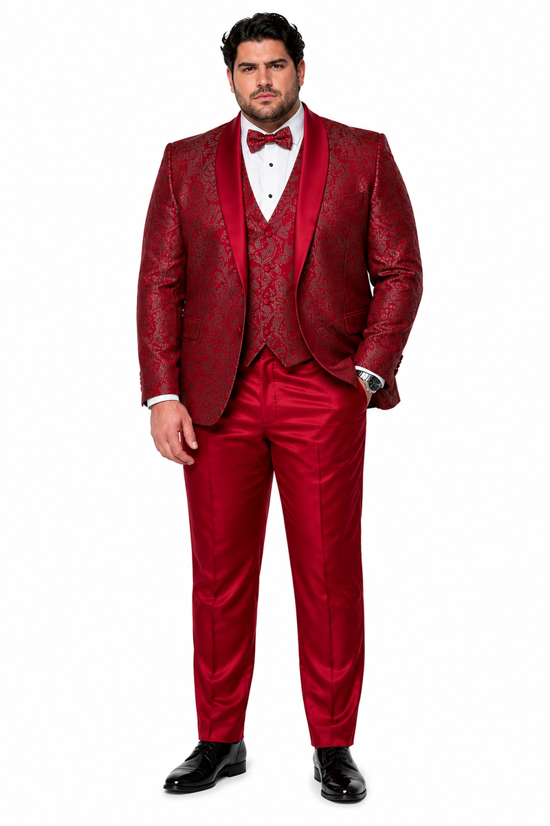 Mens Red Paisley Brocade Prom Tuxedo with Vested Double Breasted Suit - Wedding Ready