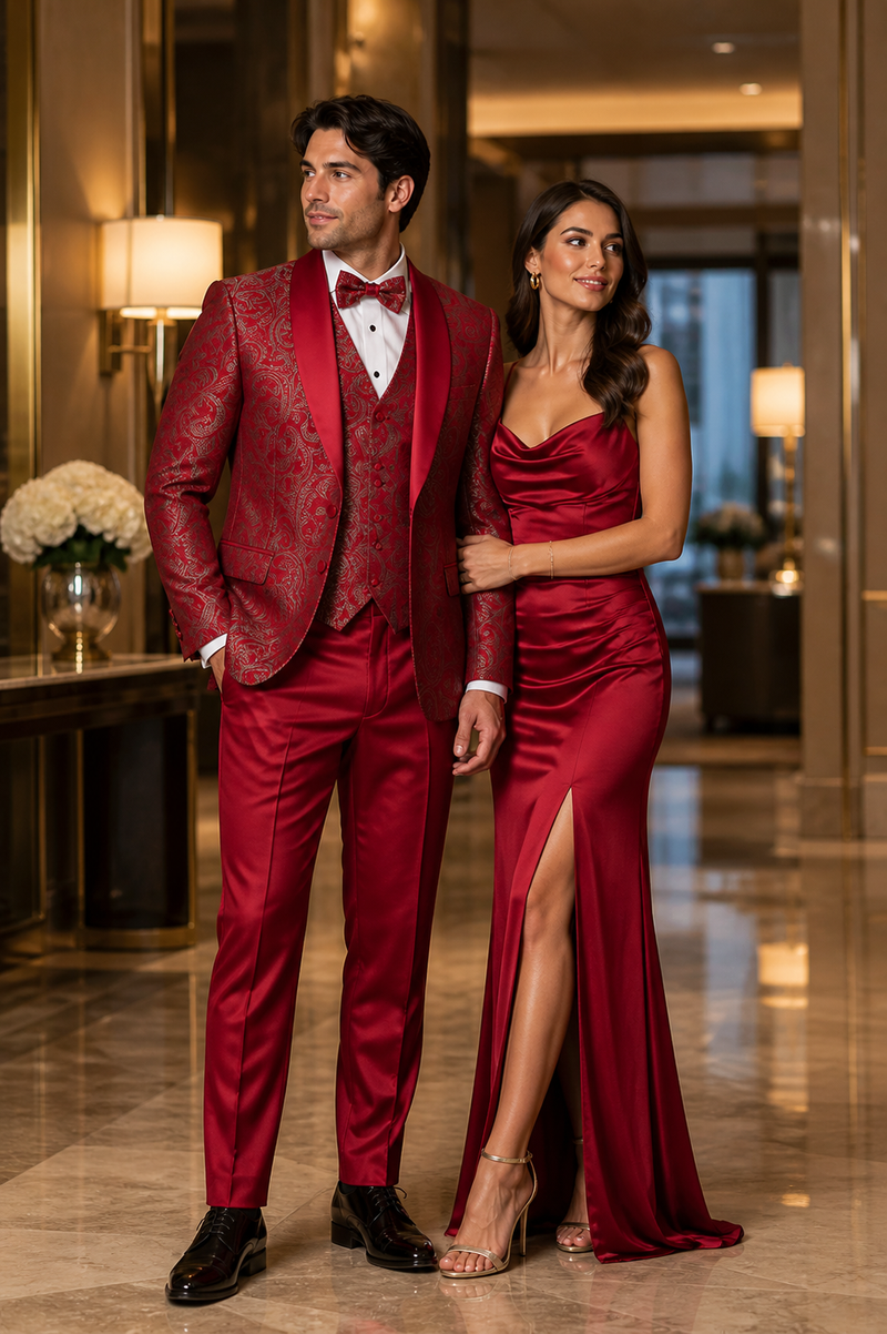 Mens Red Paisley Brocade Prom Tuxedo with Vested Double Breasted Suit - Wedding Ready