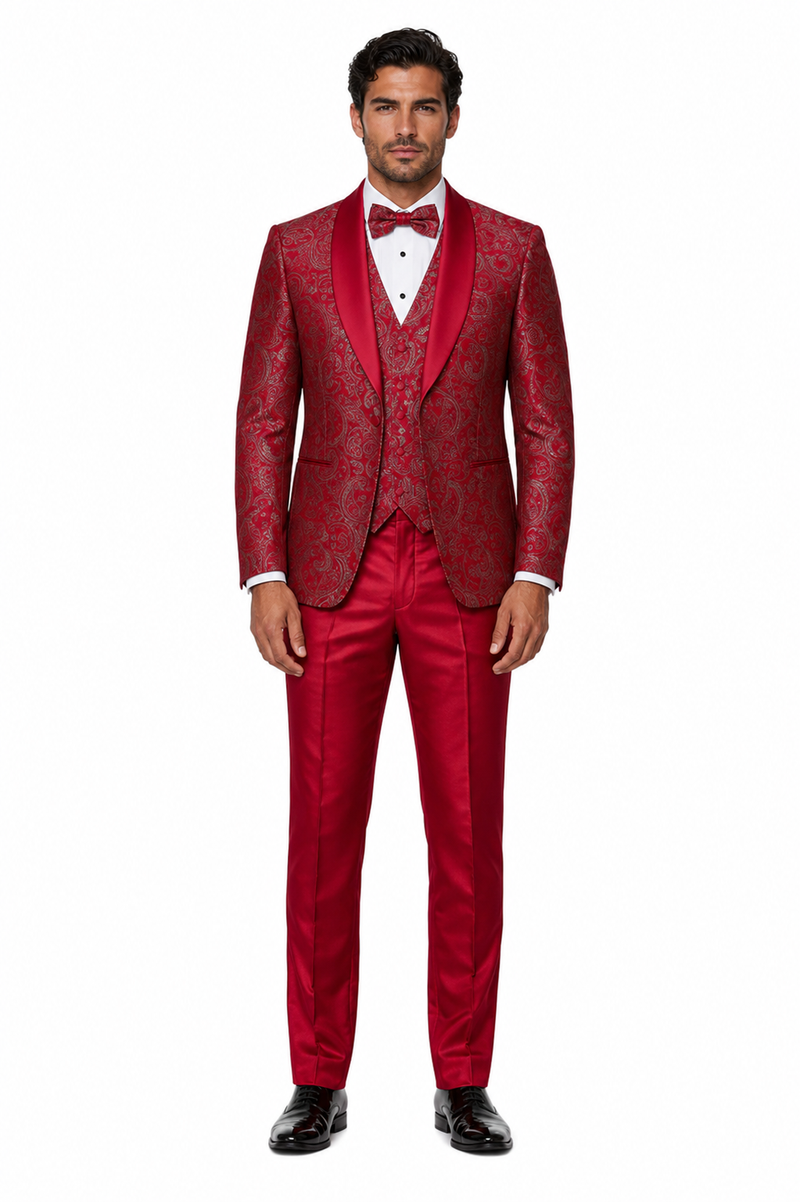 Mens Red Paisley Brocade Prom Tuxedo with Vested Double Breasted Suit - Wedding Ready
