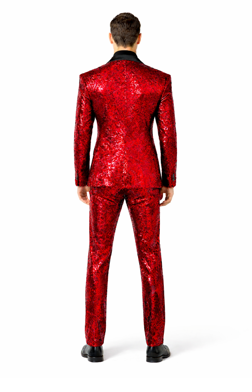 Mens Red Sequin Tuxedo Suit with Black Lapel - Luxury Slim Fit Blazer and Pants Set Matching | Alberto Nardoni Mens Red Sequin Tuxedo Suit with Black Lapel - Luxury Slim Fit Blazer and Pants Set Matching | Alberto Nardoni