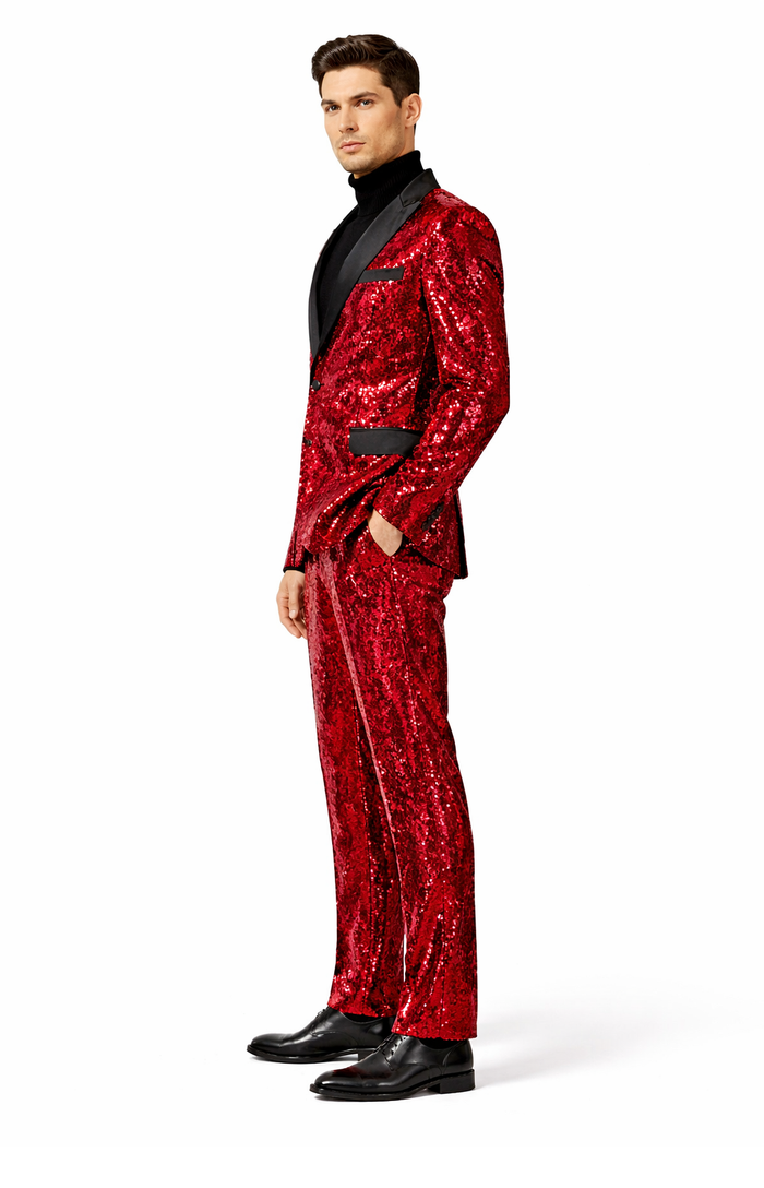 Mens Red Sequin Tuxedo Suit with Black Lapel - Luxury Slim Fit Blazer and Pants Set Matching