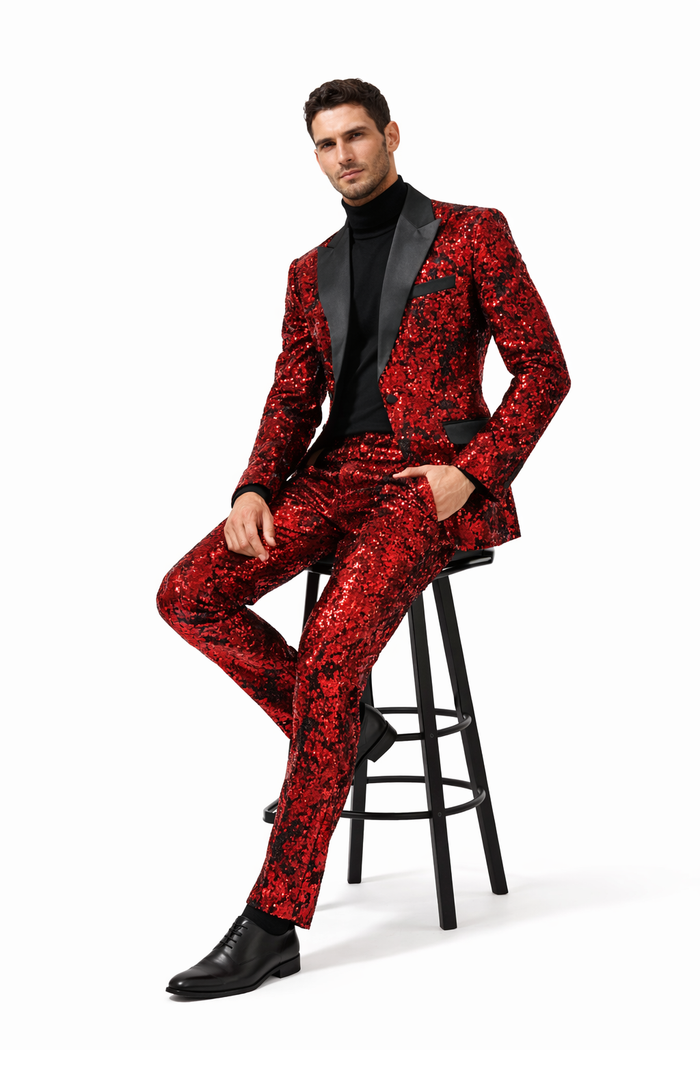Mens Red Sequin Tuxedo Suit with Black Lapel - Luxury Slim Fit Blazer and Pants Set Matching