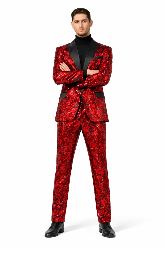 Mens Red Sequin Tuxedo Suit with Black Lapel - Luxury Slim Fit Blazer and Pants Set Matching