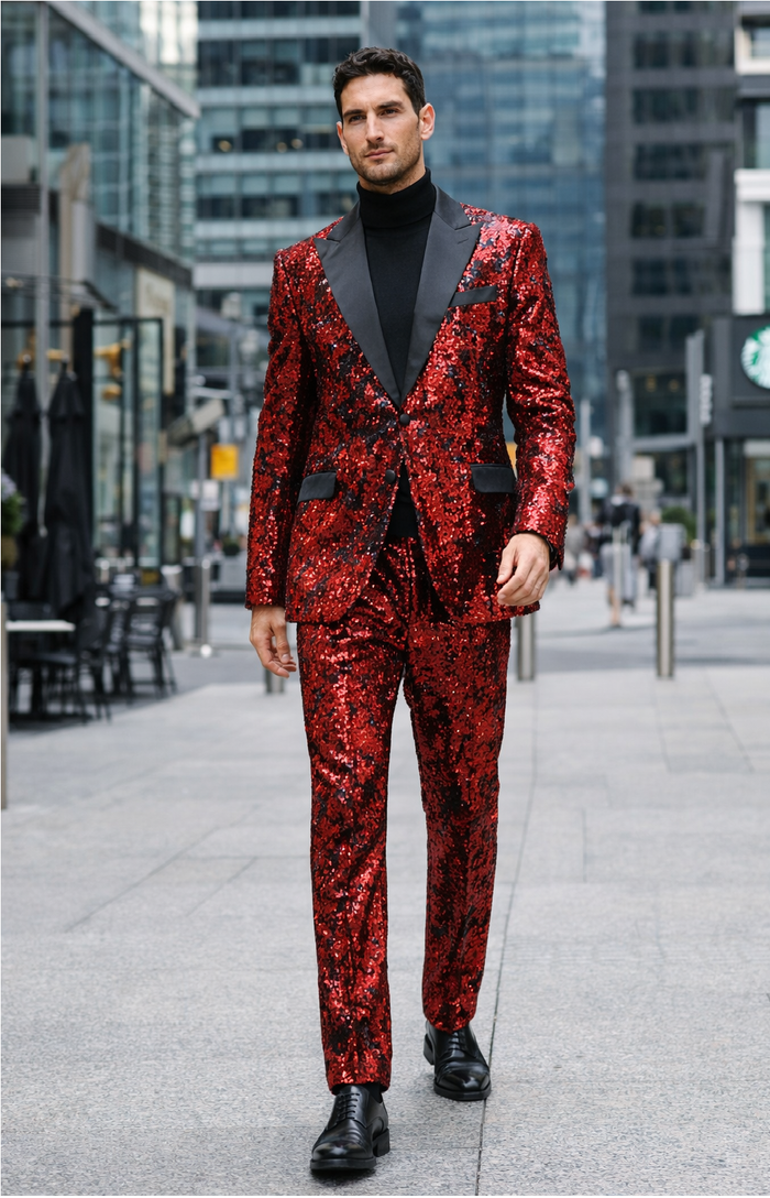 Mens Red Sequin Tuxedo Suit with Black Lapel - Luxury Slim Fit Blazer and Pants Set Matching