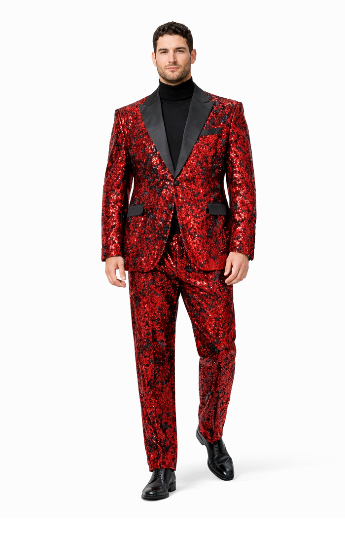 Mens Red Sequin Tuxedo Suit with Black Lapel - Luxury Slim Fit Blazer and Pants Set Matching