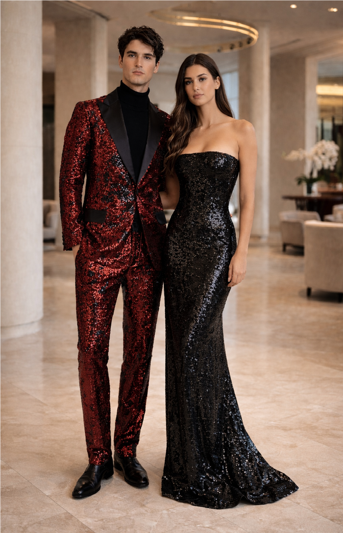 Mens Red Sequin Tuxedo Suit with Black Lapel - Luxury Slim Fit Blazer and Pants Set Matching