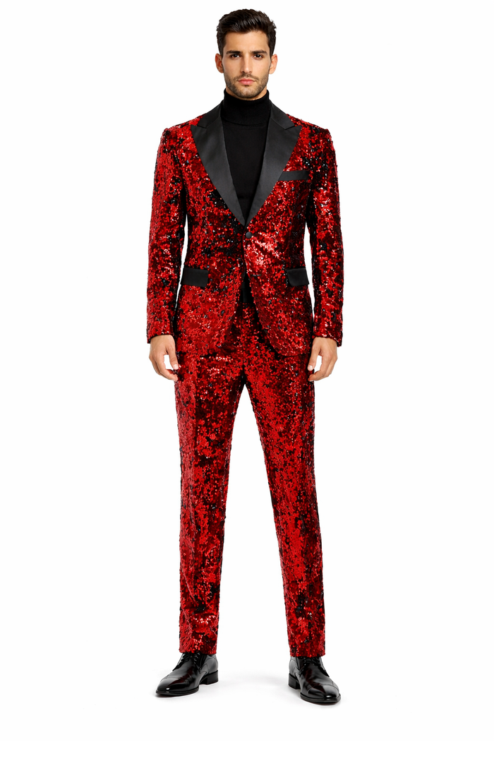 Mens Red Sequin Tuxedo Suit with Black Lapel - Luxury Slim Fit Blazer and Pants Set Matching