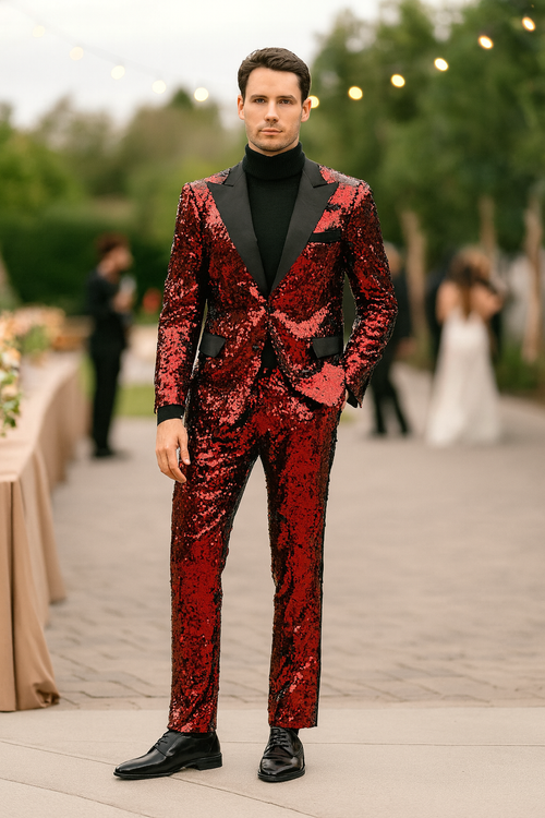Men's red sequin tuxedo suit. Slim fit blazer with black lapel, fully covered in red sequins, and matching pants. Luxury design.

