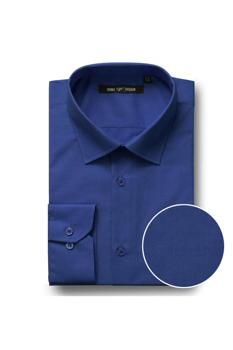 Royal blue classic fit dress shirt by Verno. Solid color, conventional collar, long sleeves with buttoned cuffs. Smooth woven fabric, front placket with matching buttons, and a left patch pocket.
