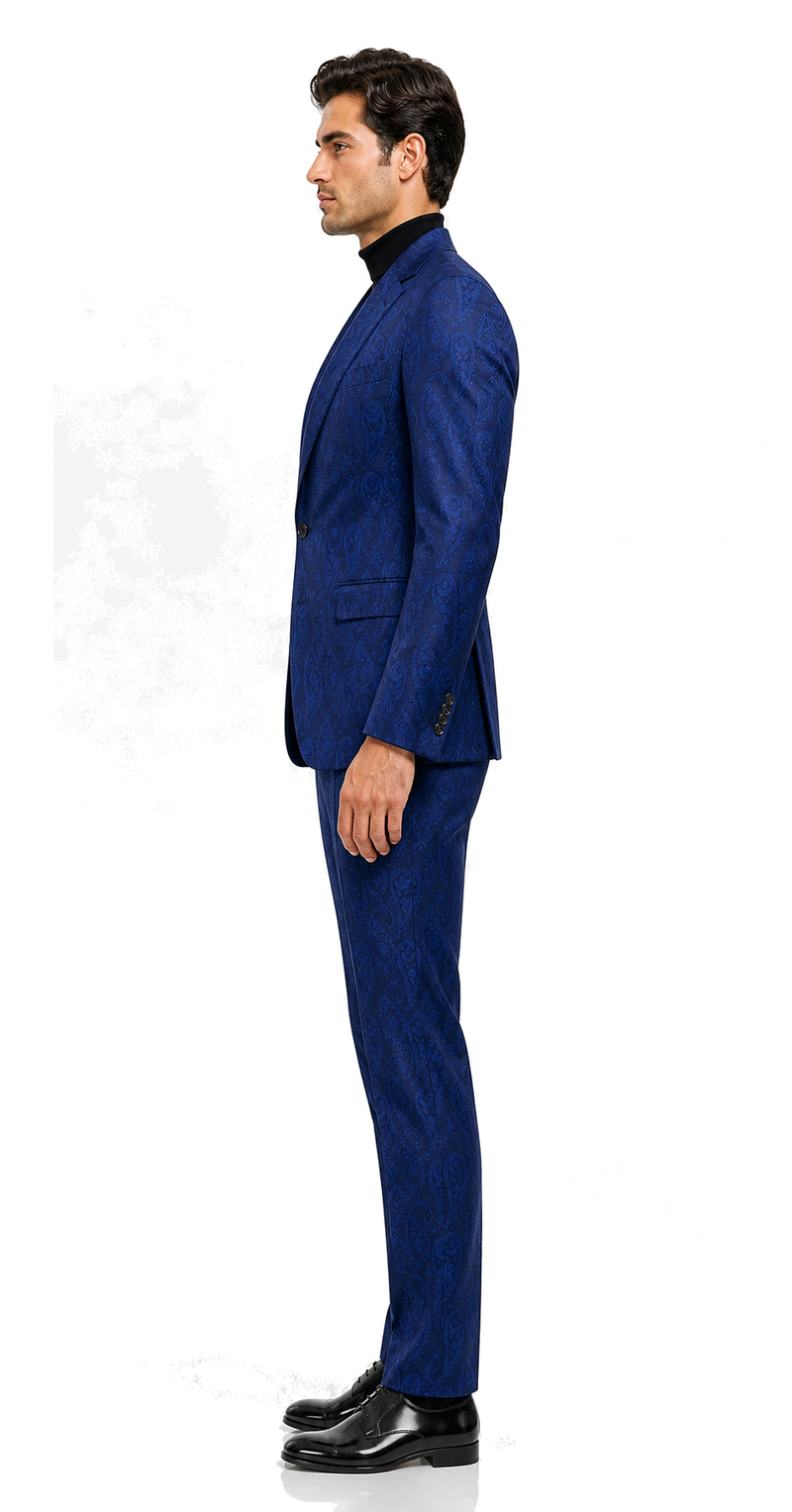 Men’s Sapphire Blue Paisley 3-Piece Suit – Slim Fit Designer Set for Weddings and Formal Events