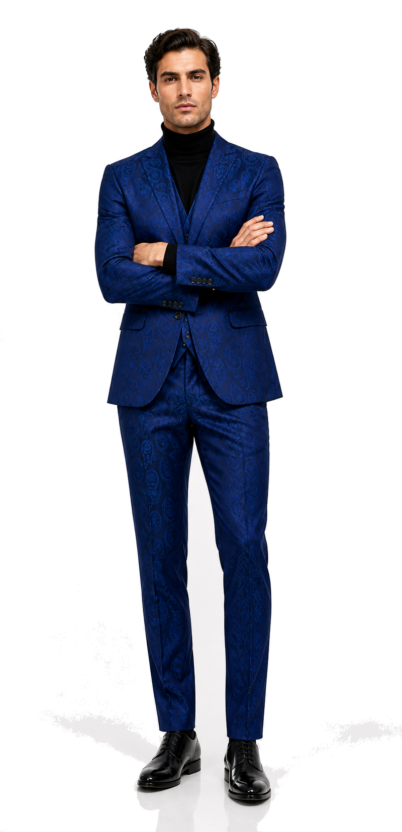Men’s Sapphire Blue Paisley 3-Piece Suit – Slim Fit Designer Set for Weddings and Formal Events