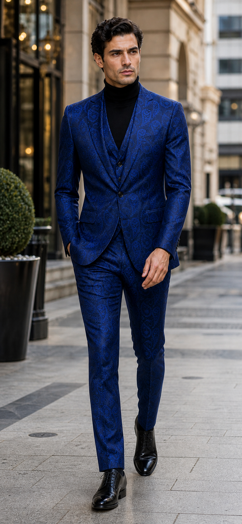 Men’s Sapphire Blue Paisley 3-Piece Suit – Slim Fit Designer Set for Weddings and Formal Events