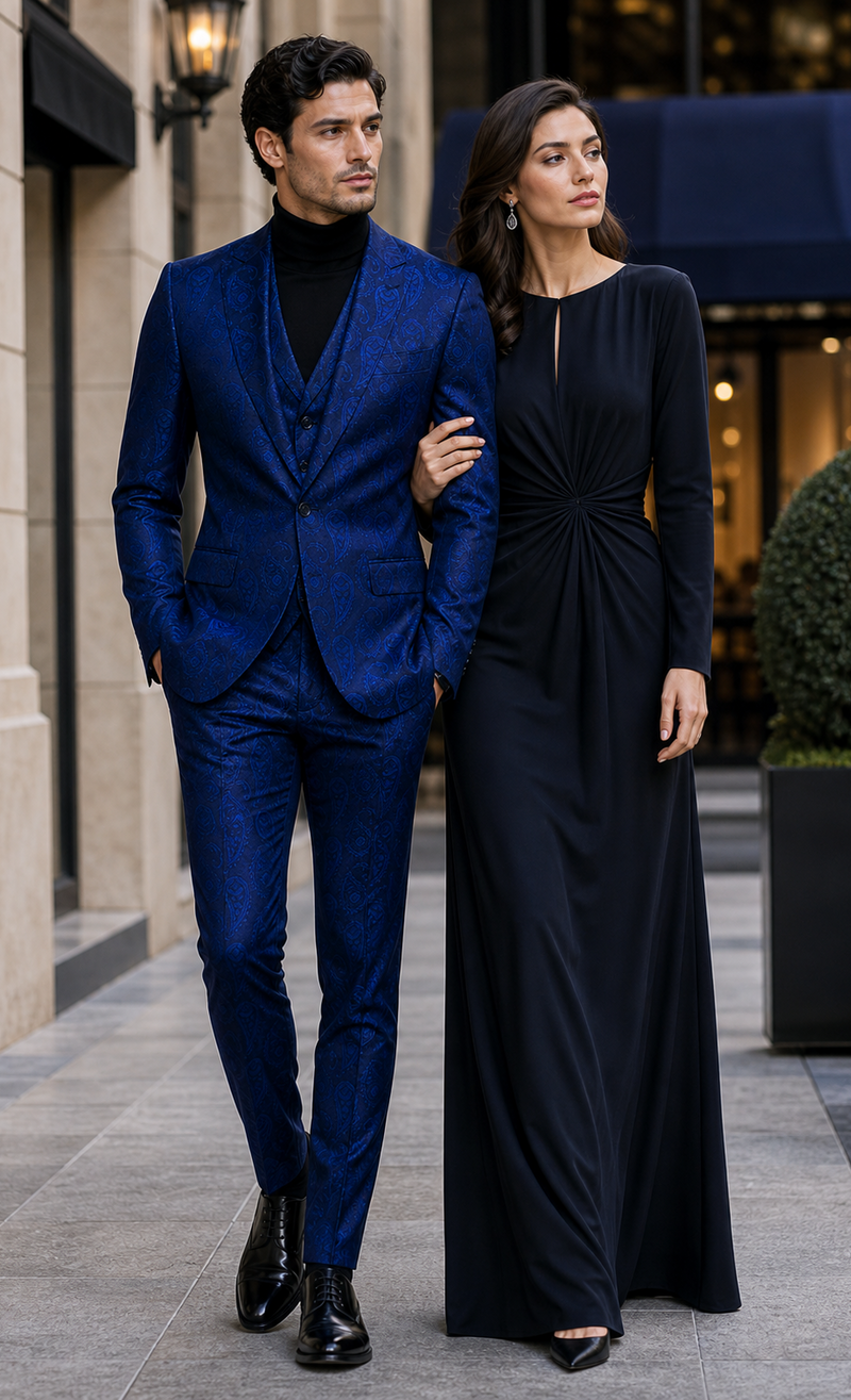 Men’s Sapphire Blue Paisley 3-Piece Suit – Slim Fit Designer Set for Weddings and Formal Events