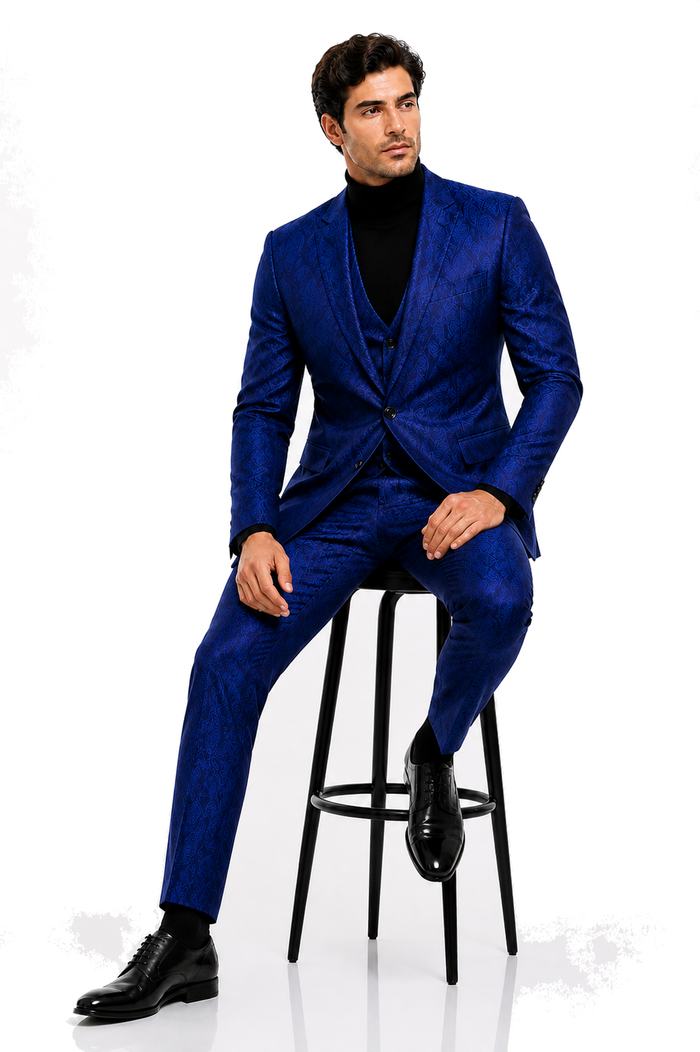 Men’s Sapphire Blue Paisley 3-Piece Suit – Slim Fit Designer Set for Weddings and Formal Events