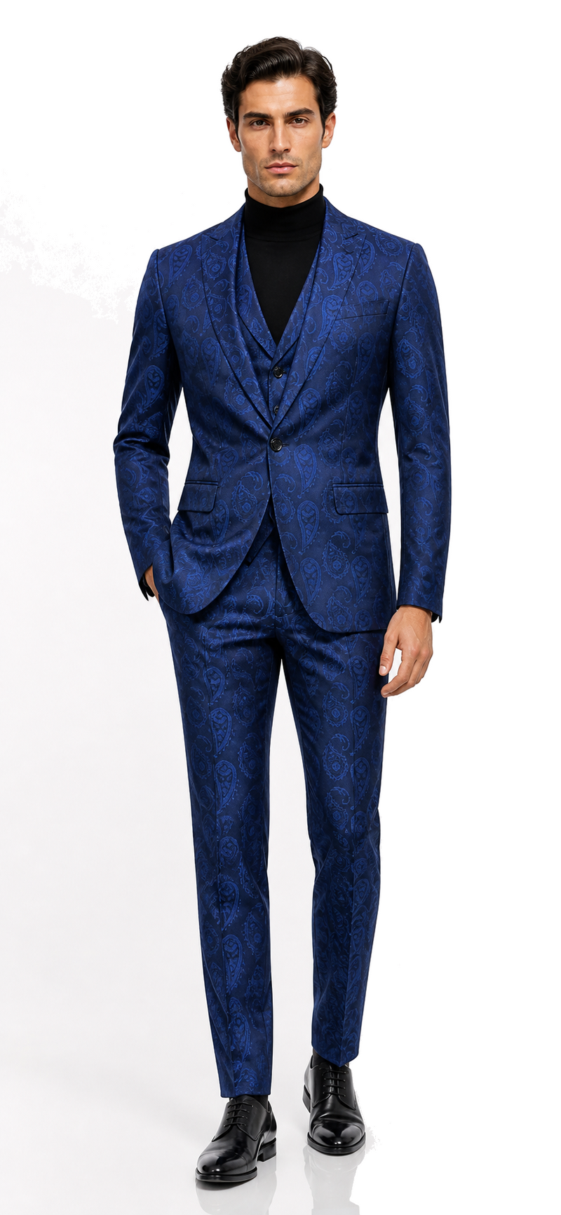 Men’s Sapphire Blue Paisley 3-Piece Suit – Slim Fit Designer Set for Weddings and Formal Events