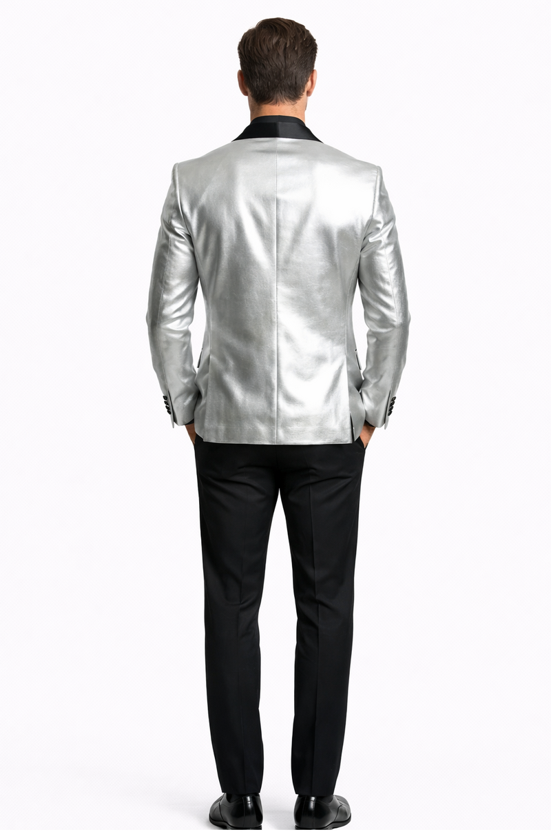 Men’s Shiny Silver Blazer with Black Lapel – Luxury Metallic Formal Jacket for Party, Evening and Special Events