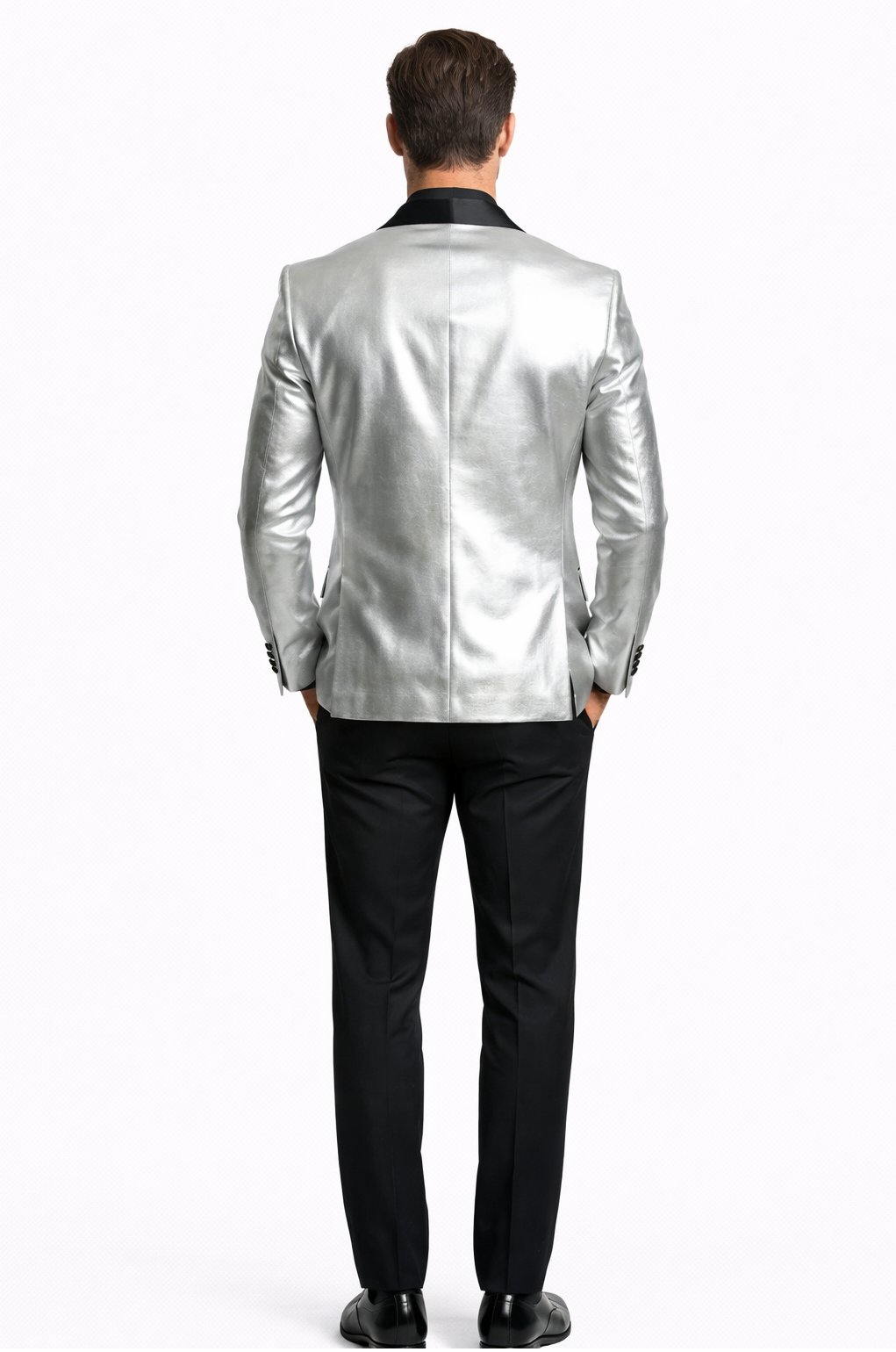 Men’s Shiny Silver Blazer with Black Lapel – Luxury Metallic Formal Jacket for Party, Evening and Special Events