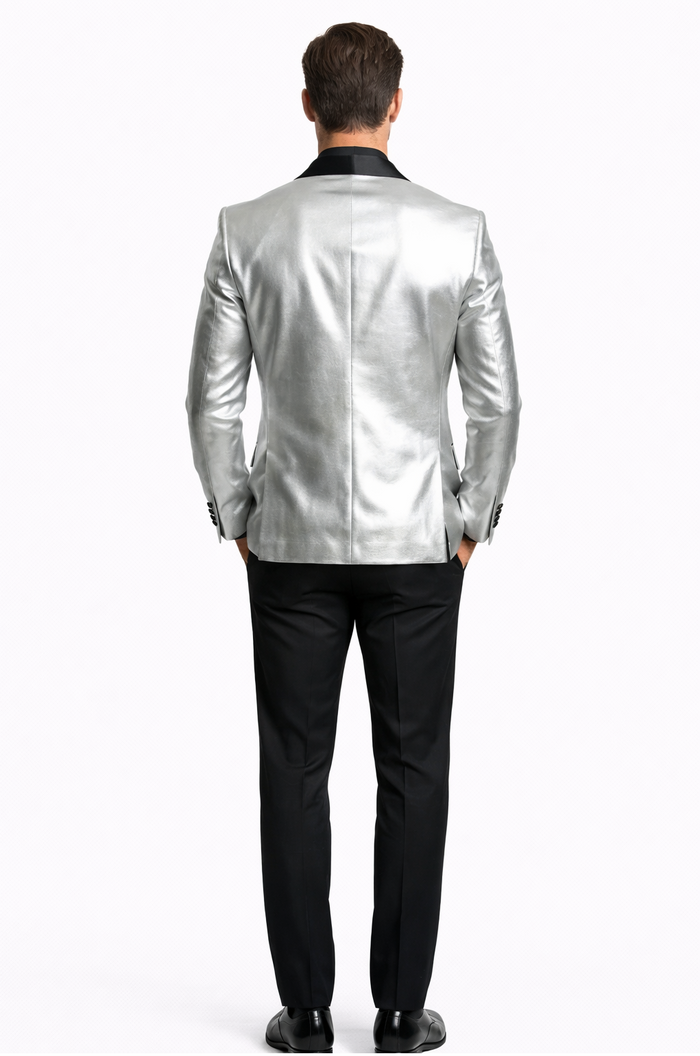 Men’s Shiny Silver Blazer with Black Lapel – Luxury Metallic Formal Jacket for Party, Evening and Special Events
