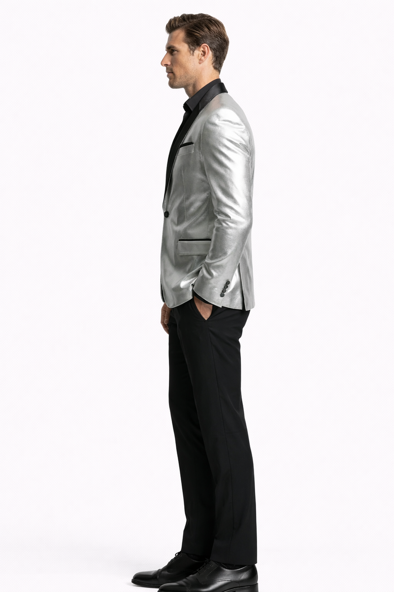Men’s Shiny Silver Blazer with Black Lapel – Luxury Metallic Formal Jacket for Party, Evening and Special Events
