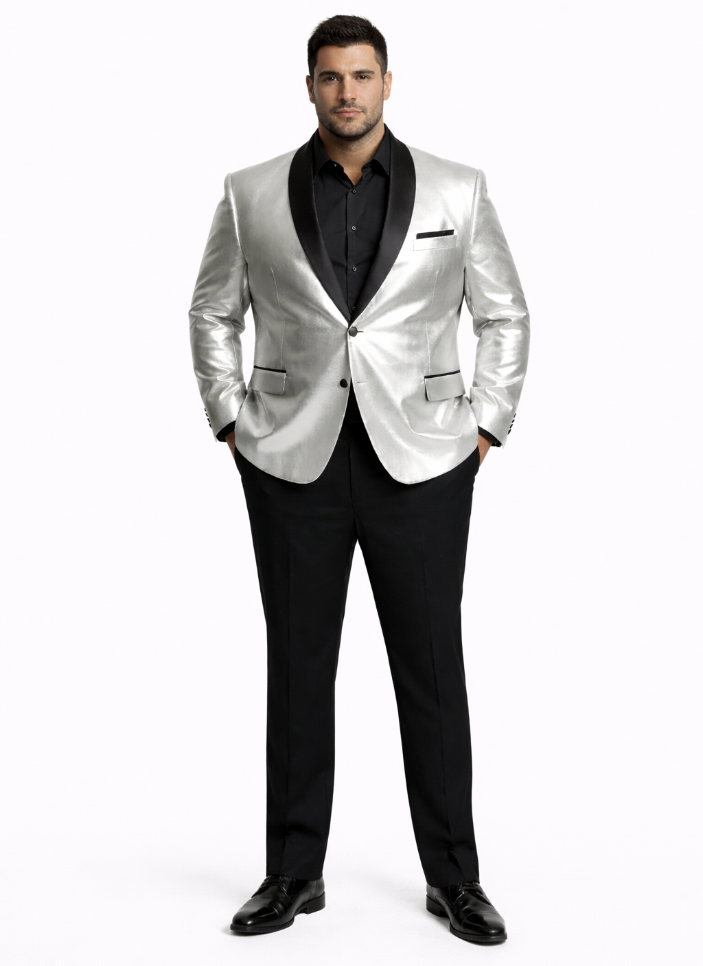 Men’s Shiny Silver Blazer with Black Lapel – Luxury Metallic Formal Jacket for Party, Evening and Special Events