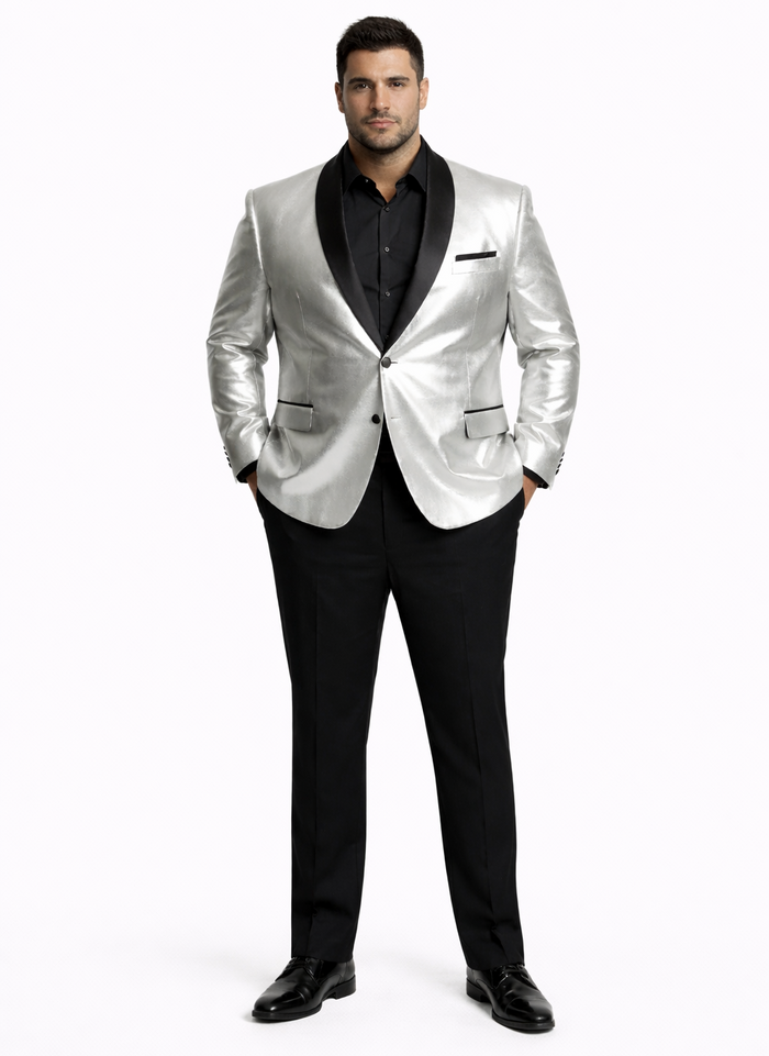 Men’s Shiny Silver Blazer with Black Lapel – Luxury Metallic Formal Jacket for Party, Evening and Special Events