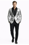 Men’s Shiny Silver Blazer with Black Lapel – Luxury Metallic Formal Jacket for Party, Evening and Special Events