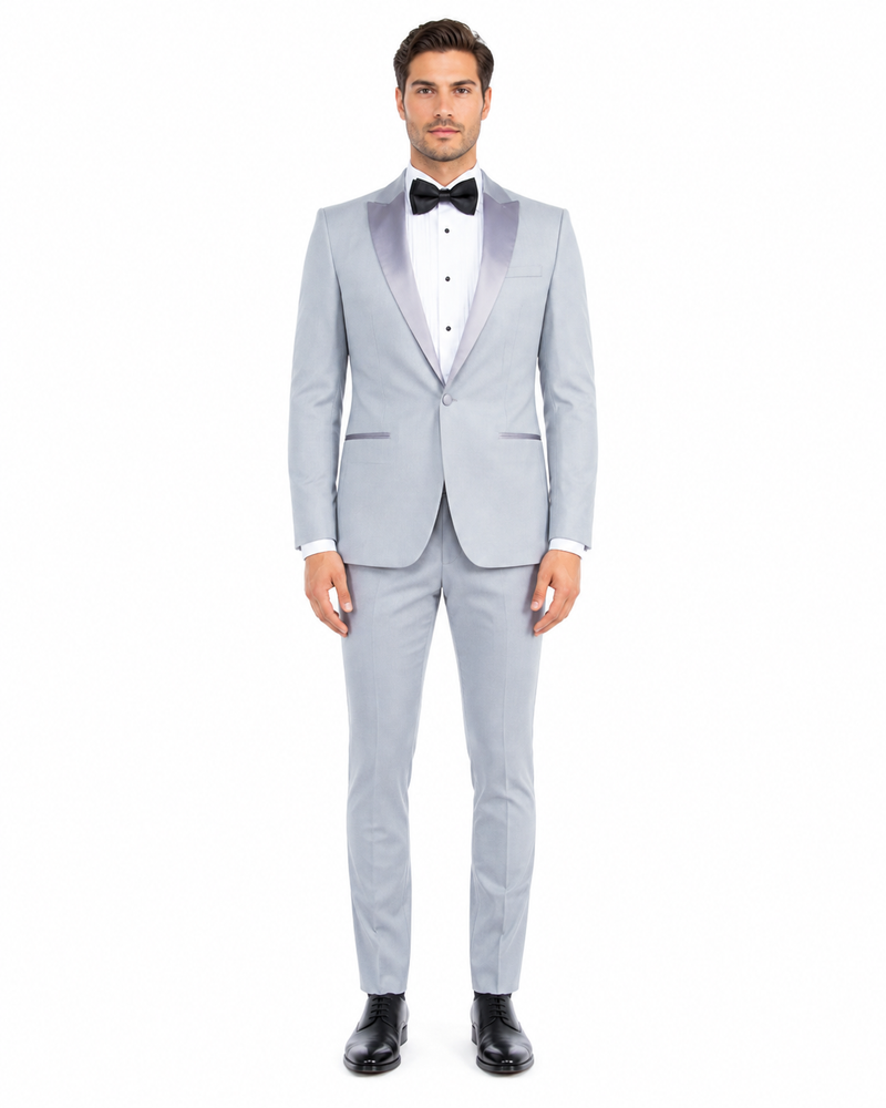 Men’s Silver Dinner Jacket – Satin Peak Lapel Tuxedo Blazer for Weddings, Prom & Formal Events in color silver grey