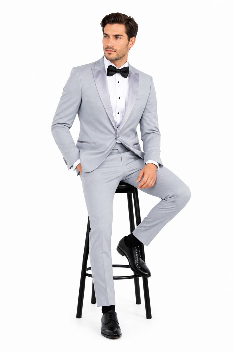 Men’s Silver Dinner Jacket – Satin Peak Lapel Tuxedo Blazer for Weddings, Prom & Formal Events in color silver grey
