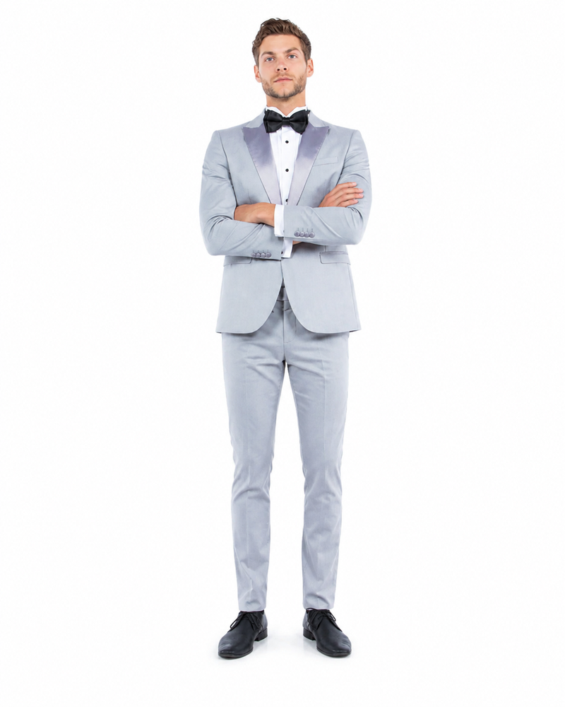 Men’s Silver Dinner Jacket – Satin Peak Lapel Tuxedo Blazer for Weddings, Prom & Formal Events in color silver grey