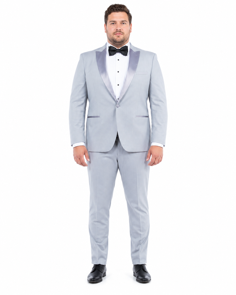 Men’s Silver Dinner Jacket – Satin Peak Lapel Tuxedo Blazer for Weddings, Prom & Formal Events in color silver grey