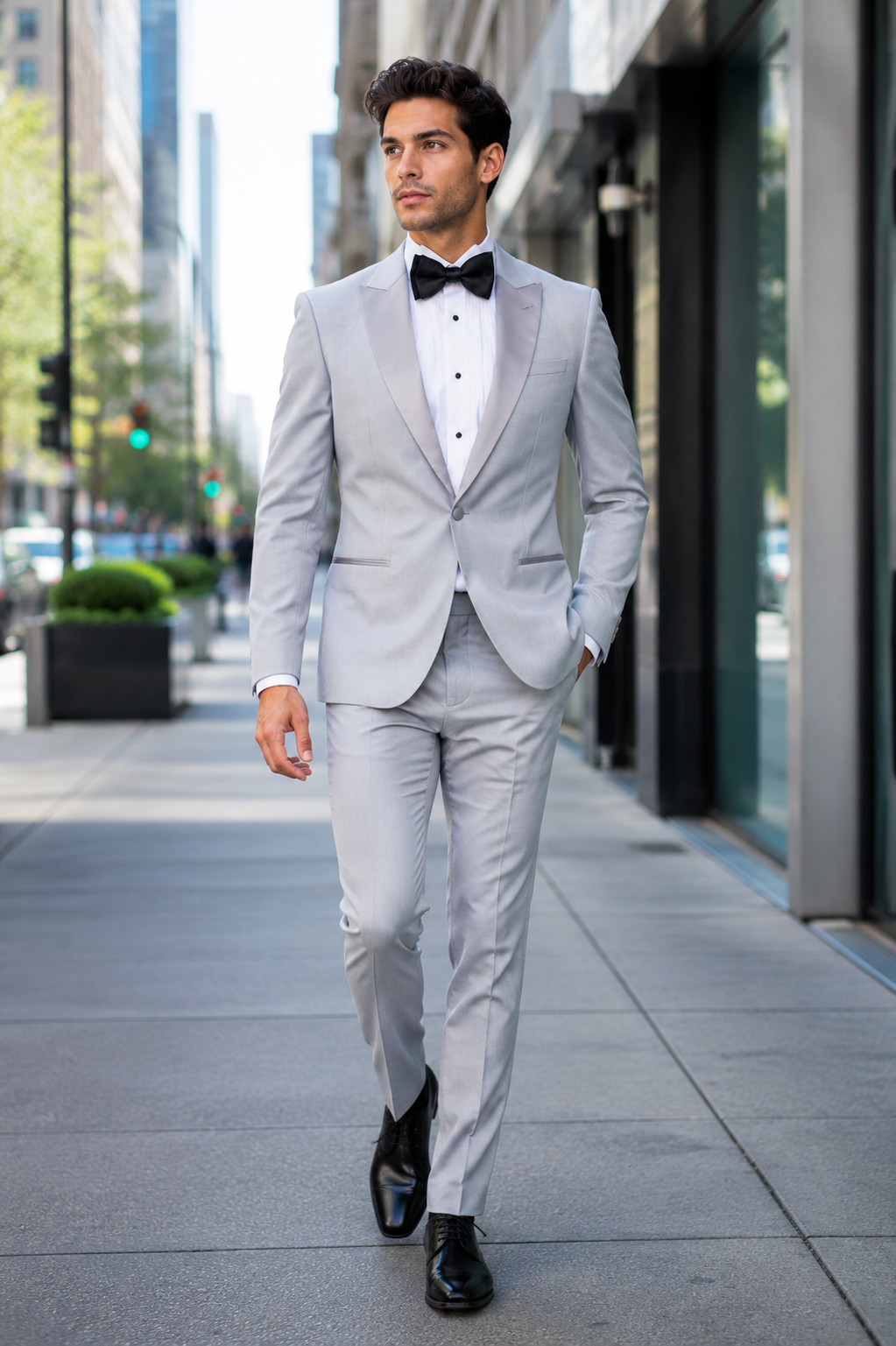 Men’s Silver Dinner Jacket – Satin Peak Lapel Tuxedo Blazer for Weddings, Prom & Formal Events in color silver grey