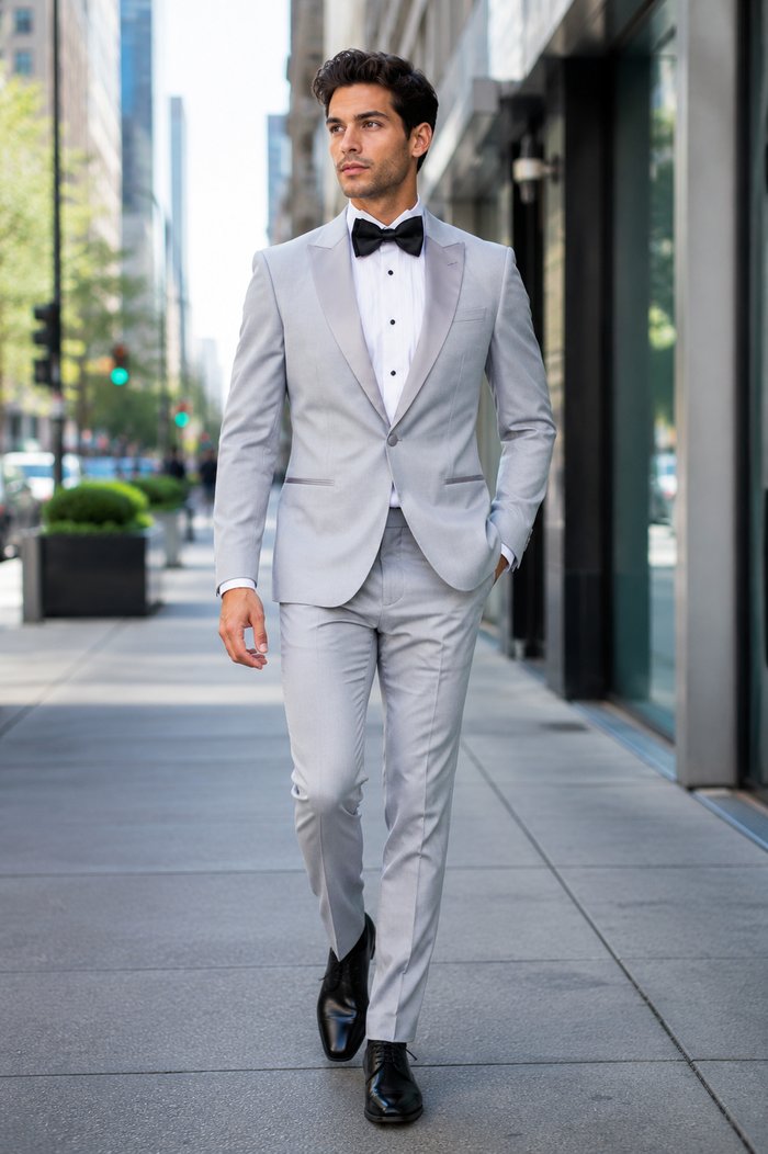 Men’s Silver Dinner Jacket – Satin Peak Lapel Tuxedo Blazer for Weddings, Prom & Formal Events in color silver grey