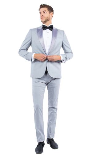 Men’s Silver Dinner Jacket – Satin Peak Lapel Tuxedo Blazer for Weddings, Prom & Formal Events in color silver grey