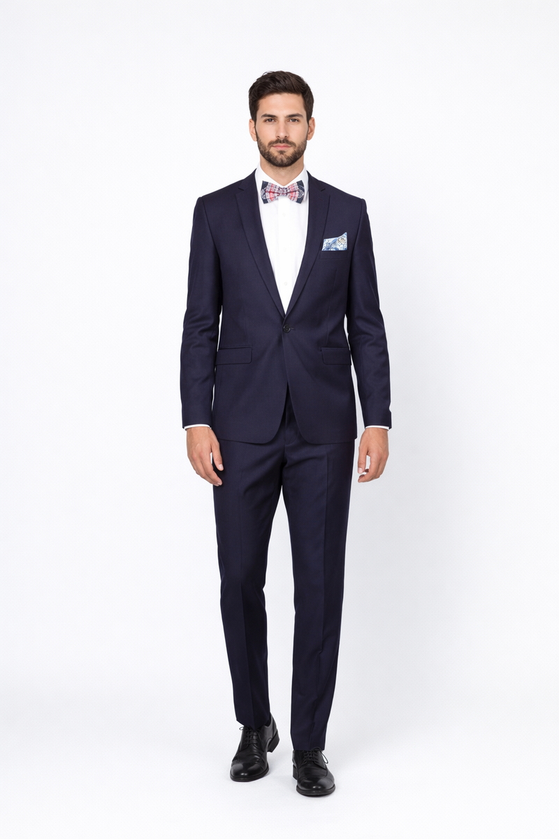 Mens Slim Fit 100% Wool Suit by Rossiman Rossi - Peak Lapel Jacket & Plum Tapered Pants