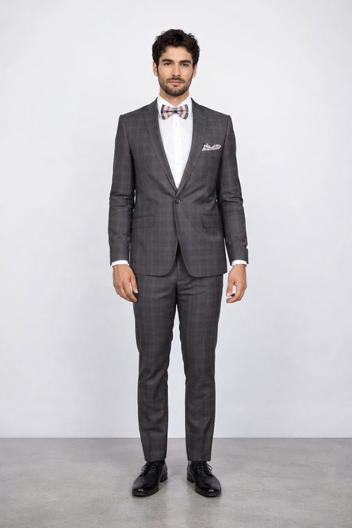 Mens Slim Fit Charcoal Plaid Suit by Rossiman Rossi - 1-Button Jacket & Tapered Pants