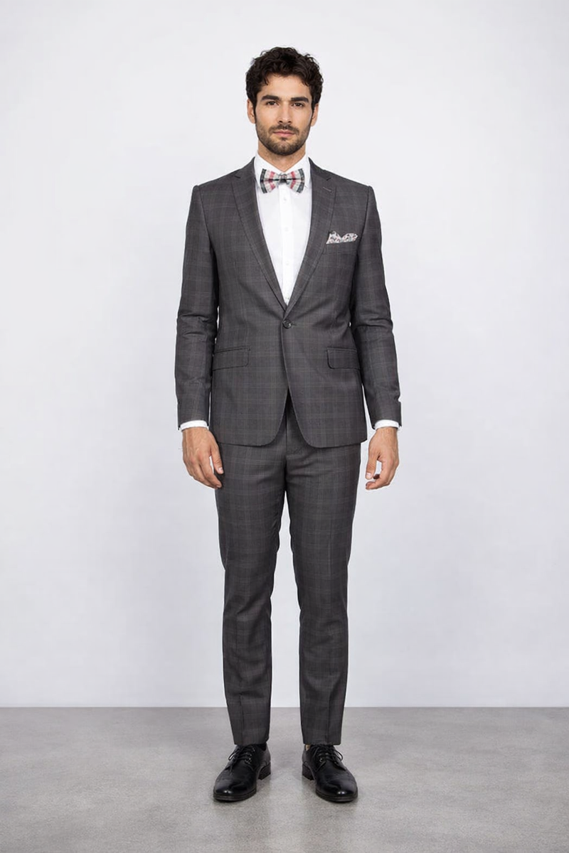 Mens Slim Fit Charcoal Plaid Suit by Rossiman Rossi - 1-Button Jacket & Tapered Pants