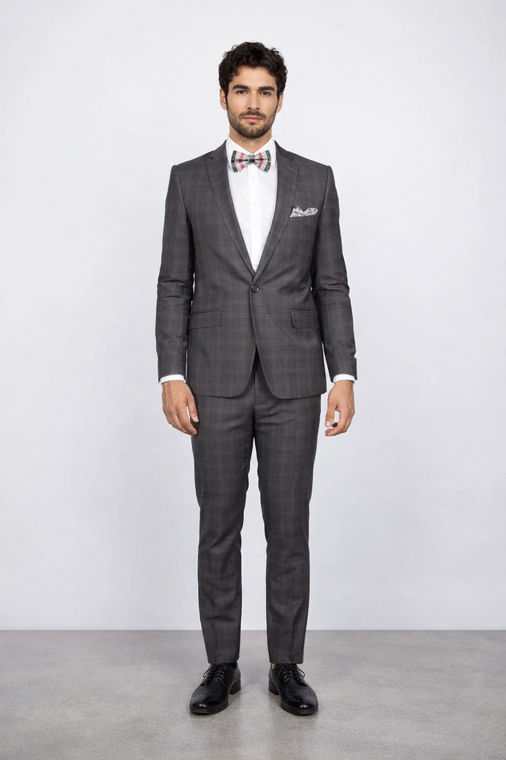 Mens Slim Fit Charcoal Plaid Suit by Rossiman Rossi - 1-Button Jacket & Tapered Pants