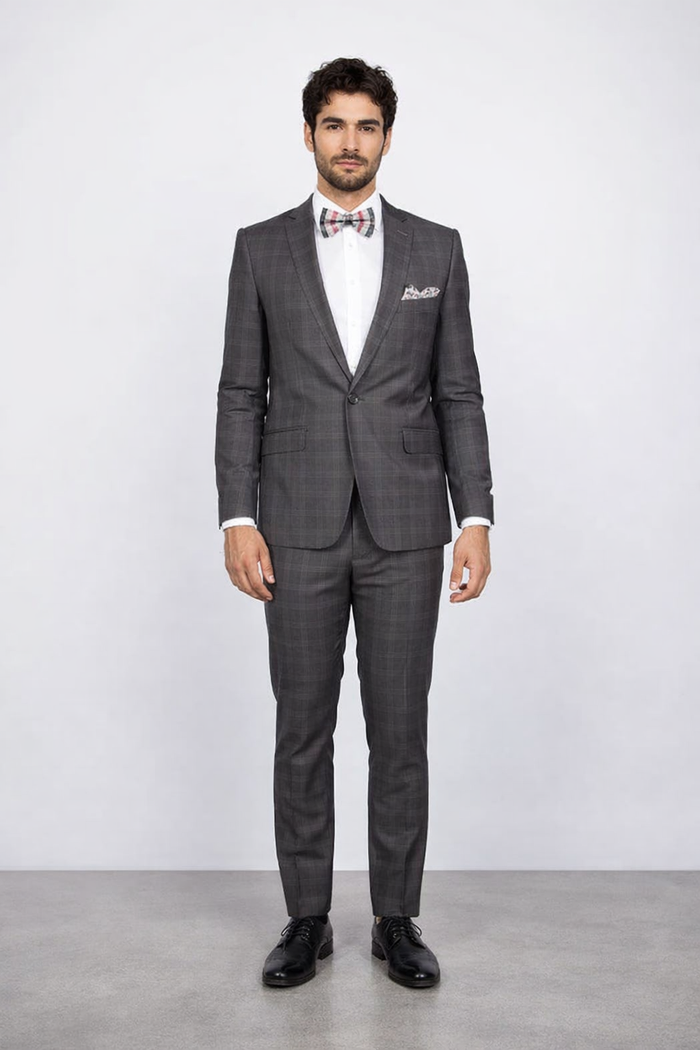 Mens Slim Fit Charcoal Plaid Suit by Rossiman Rossi - 1-Button Jacket & Tapered Pants