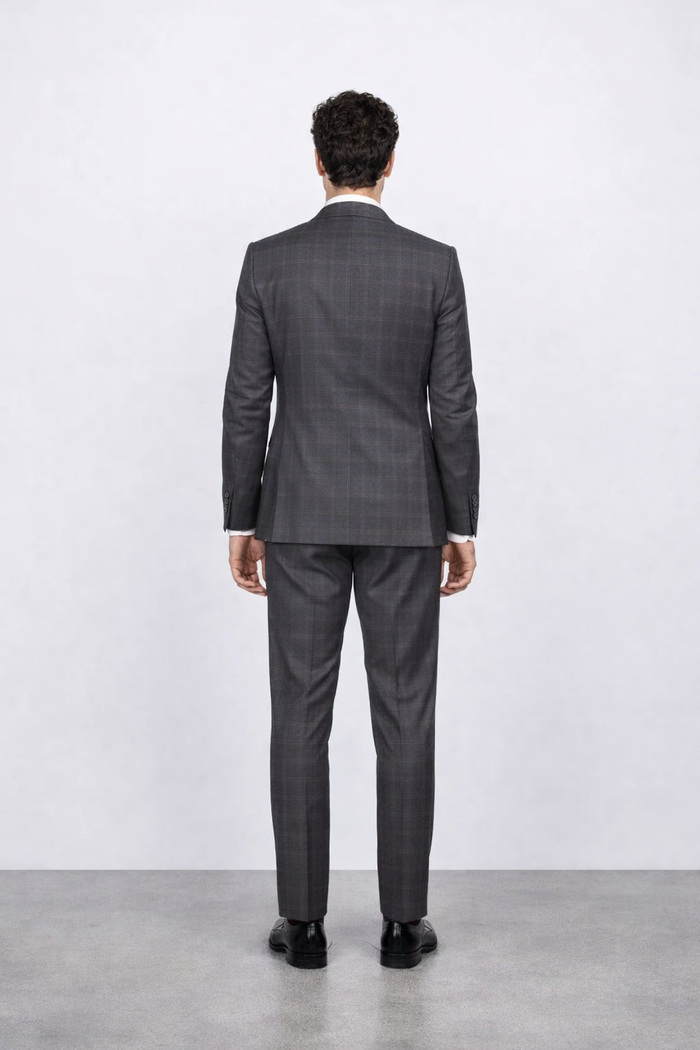 Mens Slim Fit Charcoal Plaid Suit by Rossiman Rossi - 1-Button Jacket & Tapered Pants